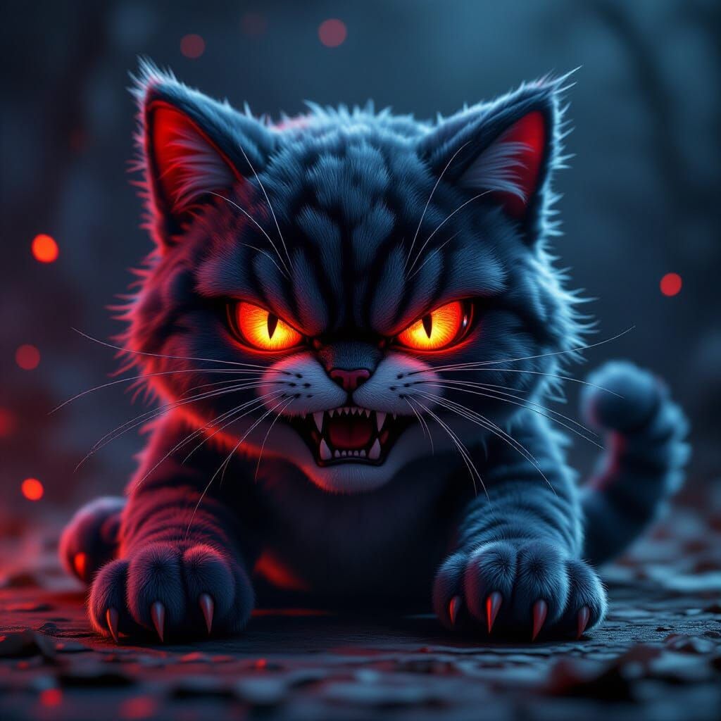 Menacing Plush Cat with Demon Red Eyes and Sharp Claws