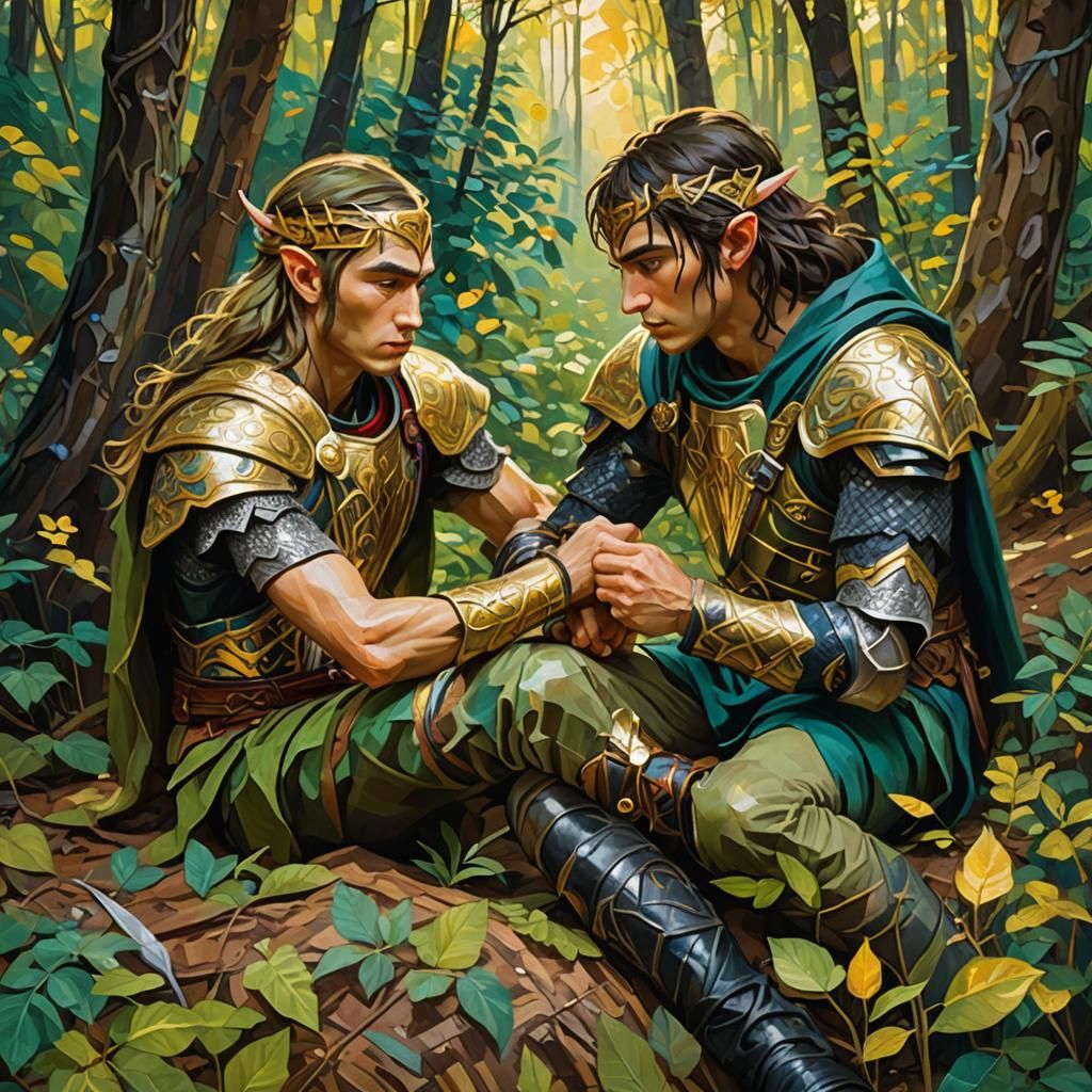 Elven Warriors in Forest as Gouache Impressionist Painting