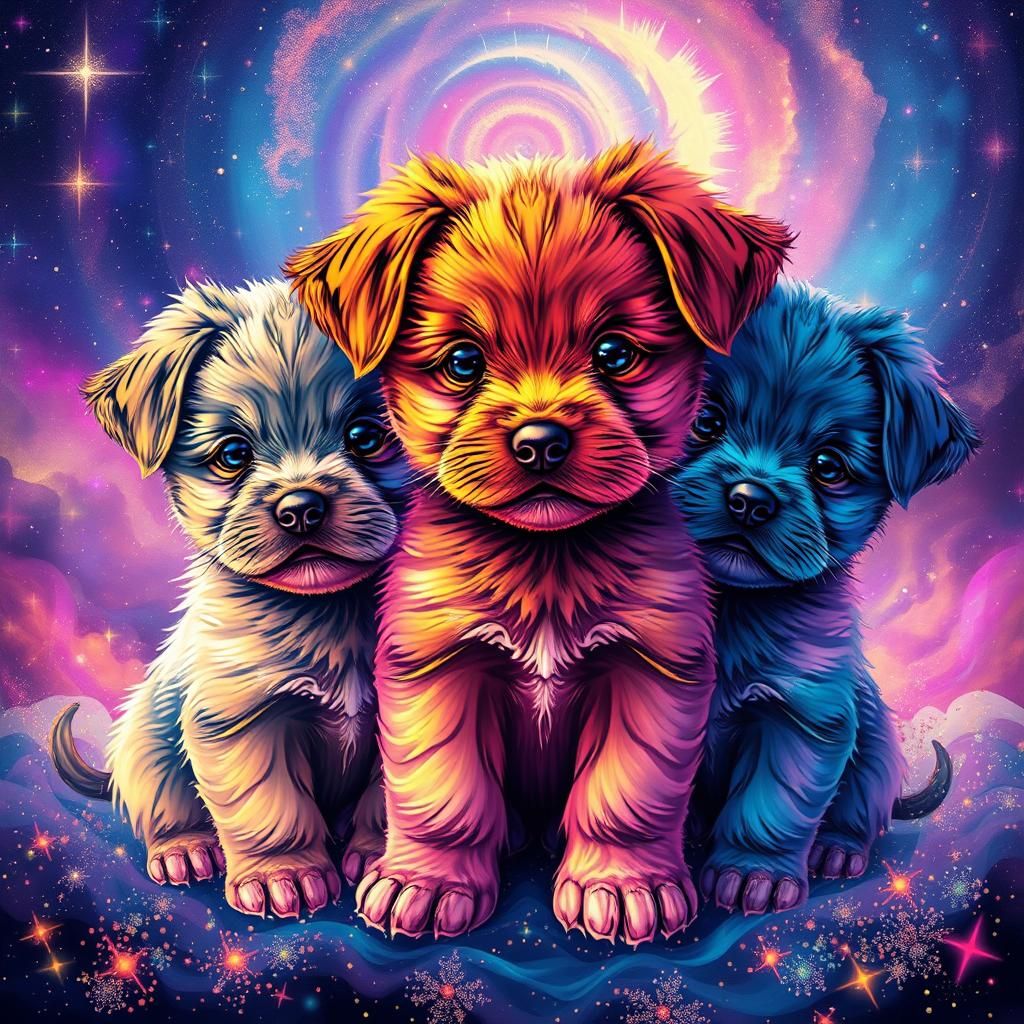 Colorful Puppies in Glitter and Cosmic Dreamscape