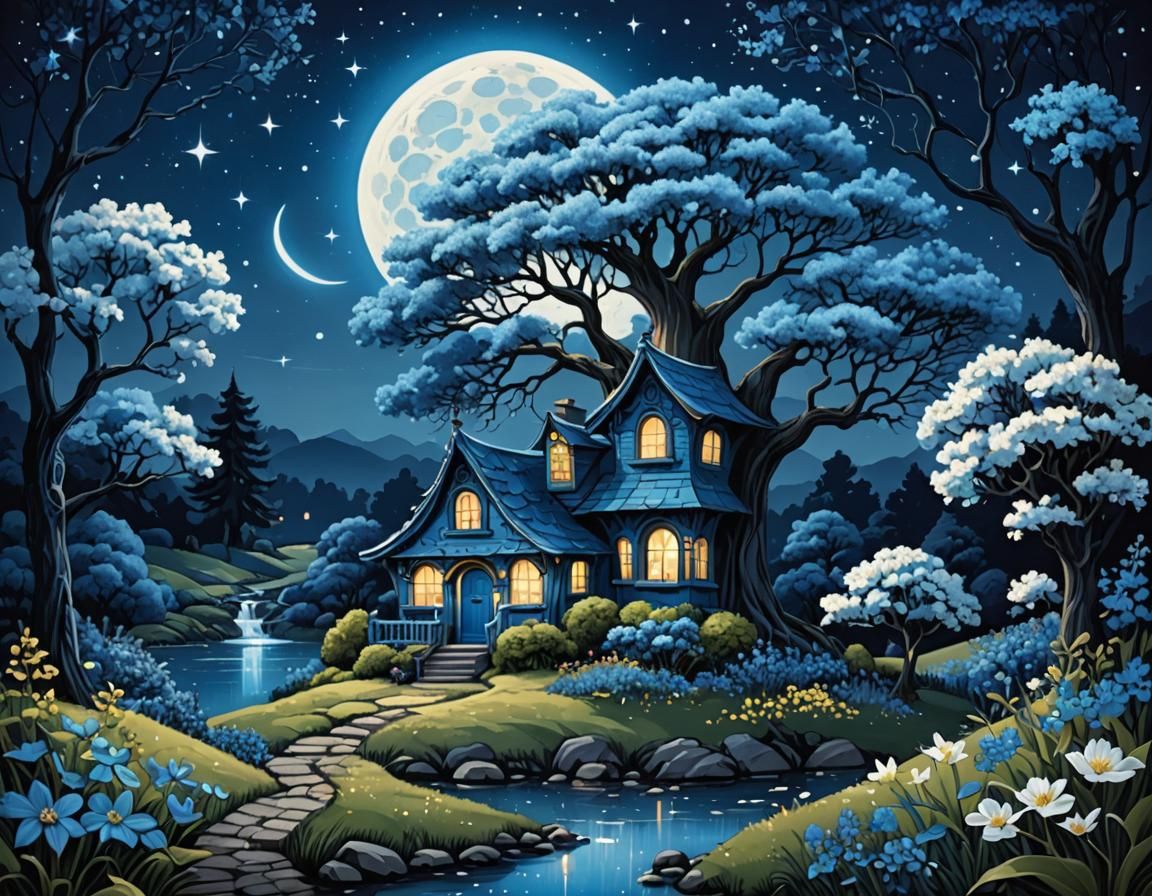 Blue Fairy Landscape with Luminous Glow