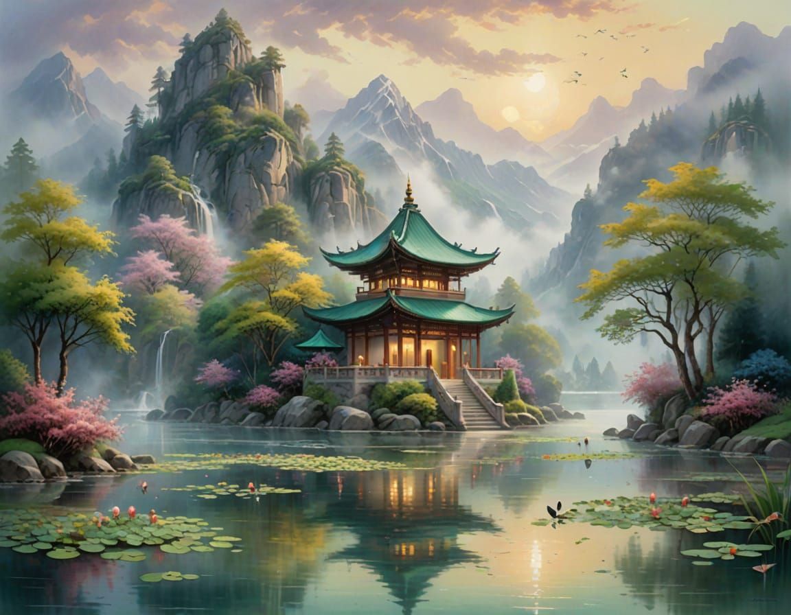 Ethereal Oriental Temple in a Tranquil Landscape