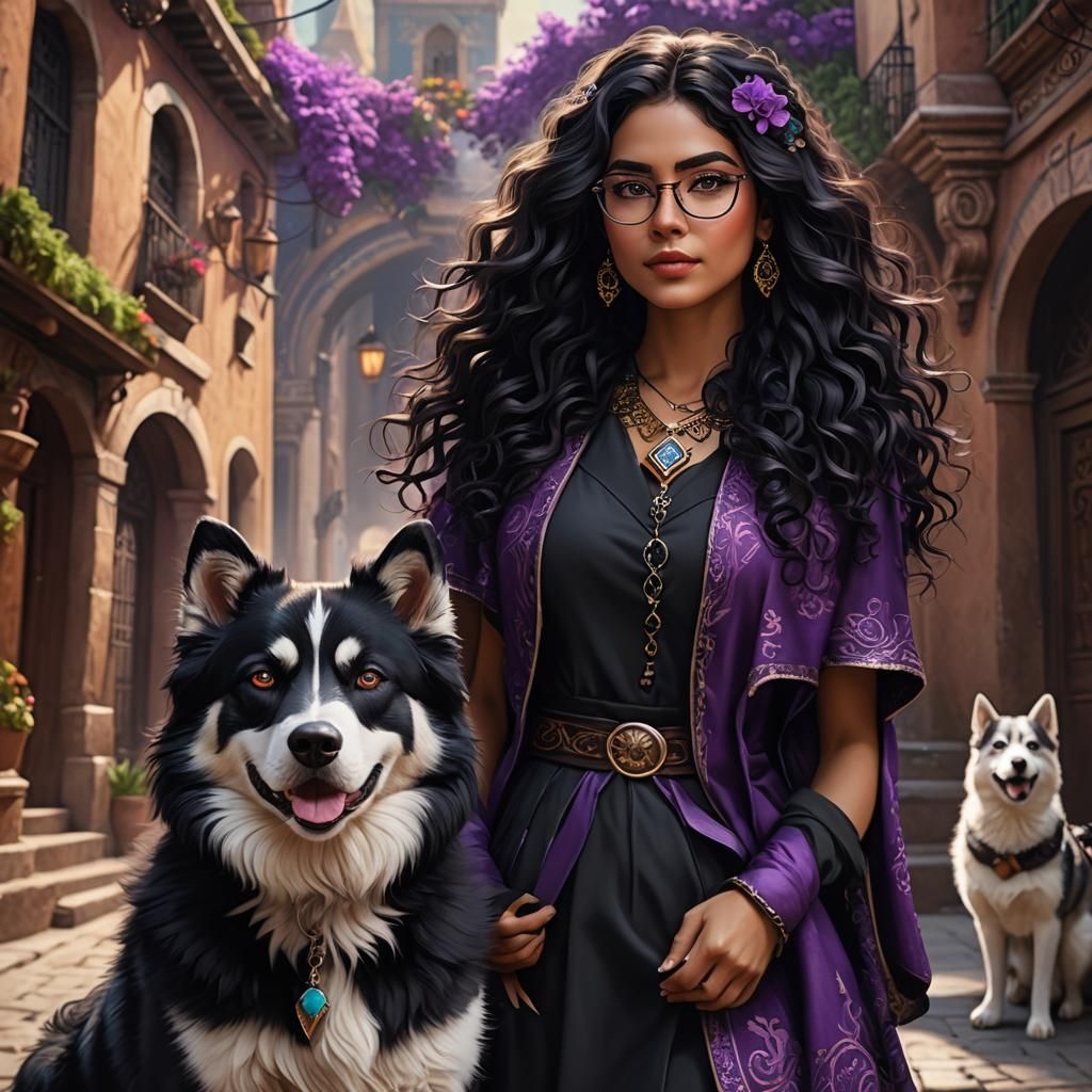 Beautiful Mexican Girl with Husky Dog: Digital Art