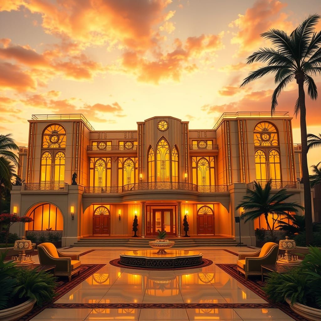 Golden Art Deco Mansion at Sunset