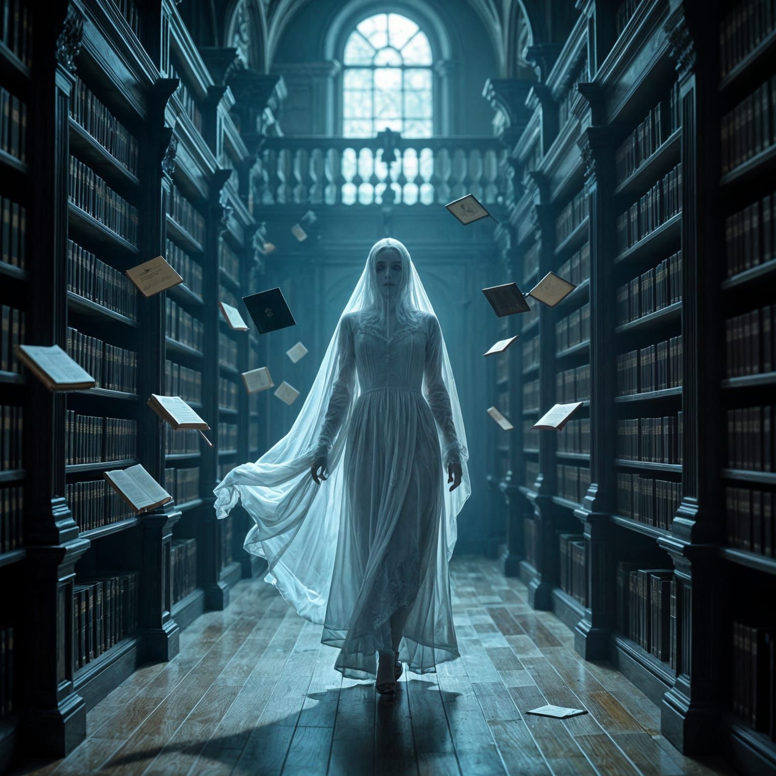 Ethereal Ghost in Dim Victorian Library Surreal Double Expos...