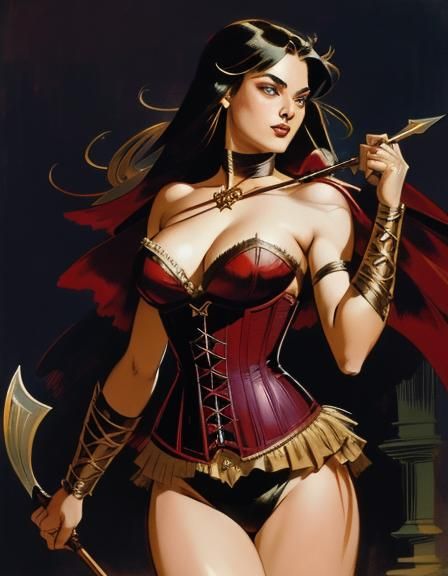 Girl in Corset Throws Spear, Comic Book Illustration