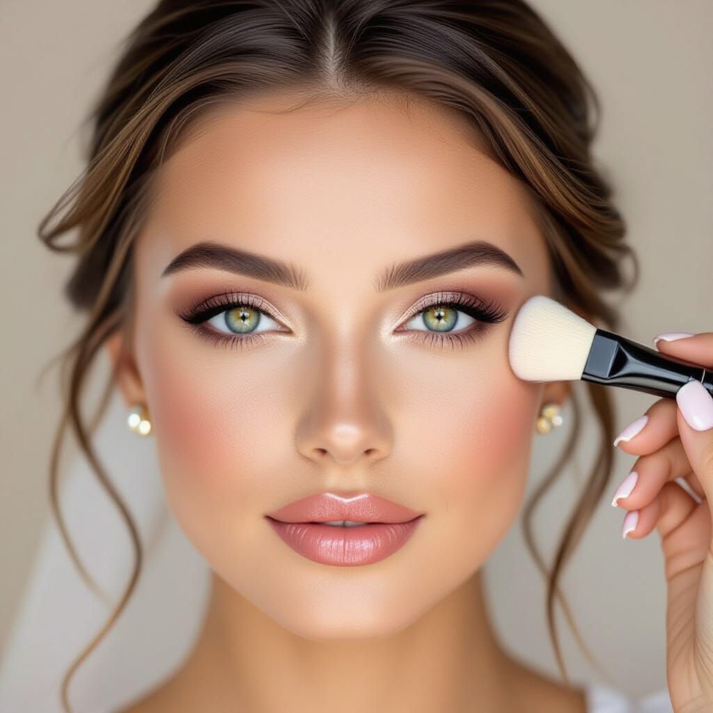 A brides face that has her makeup airbrushed