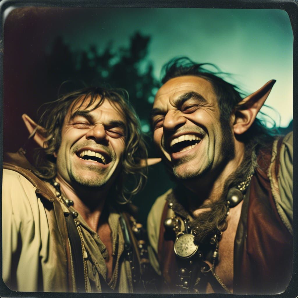 Drunken Orcs Laughing: A Whimsical Polaroid Selfie
