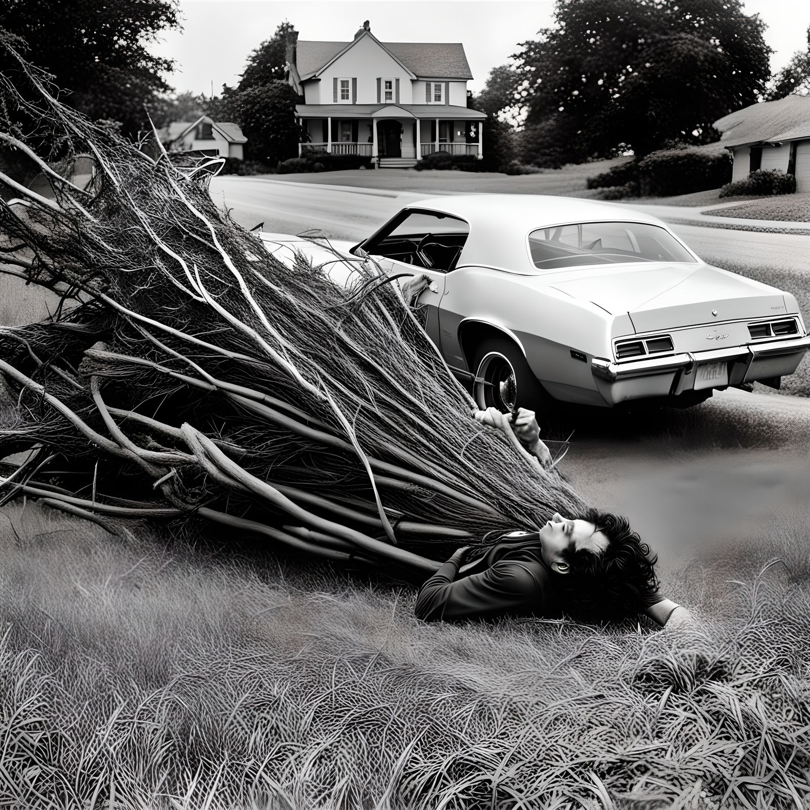 Distressed Young Man Gripping Tree by Roadside