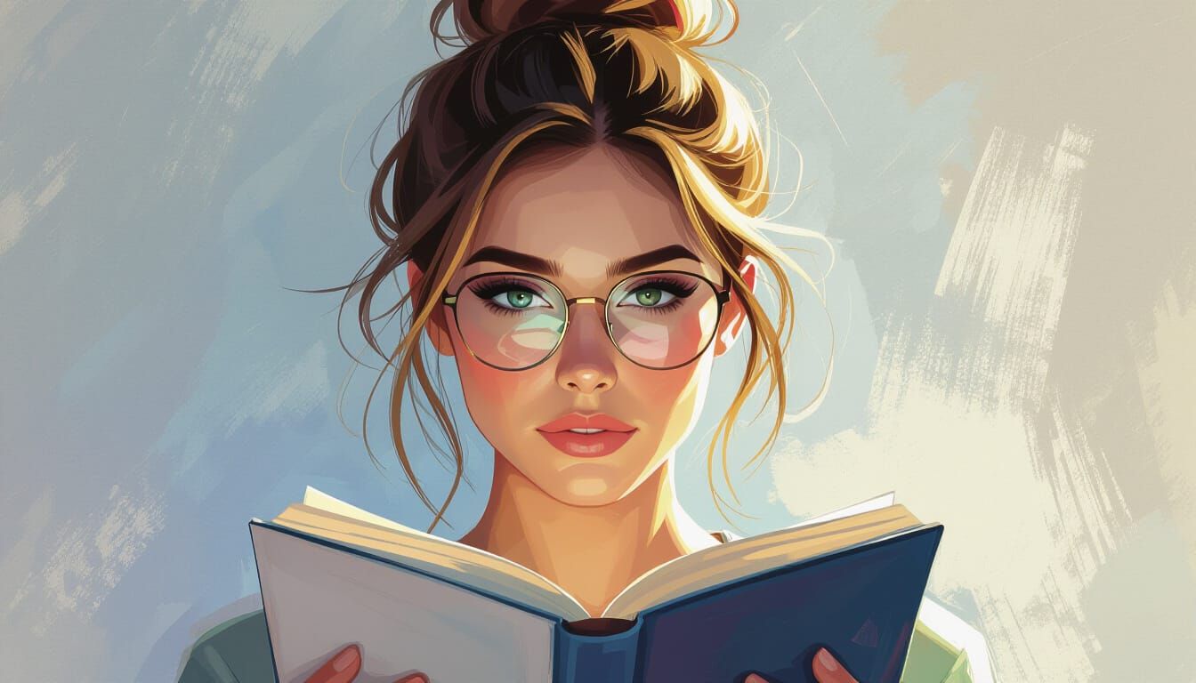 Woman Reading Through Glasses in Chaotic Brushstroke Backgro...