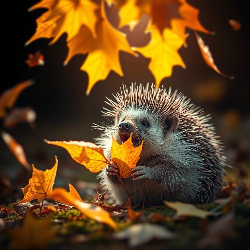 Hedgehog Playing With Autumn Leaves In Forest