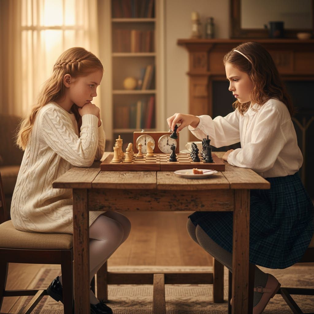 Girls Deeply Focused on Intense Chess Match
