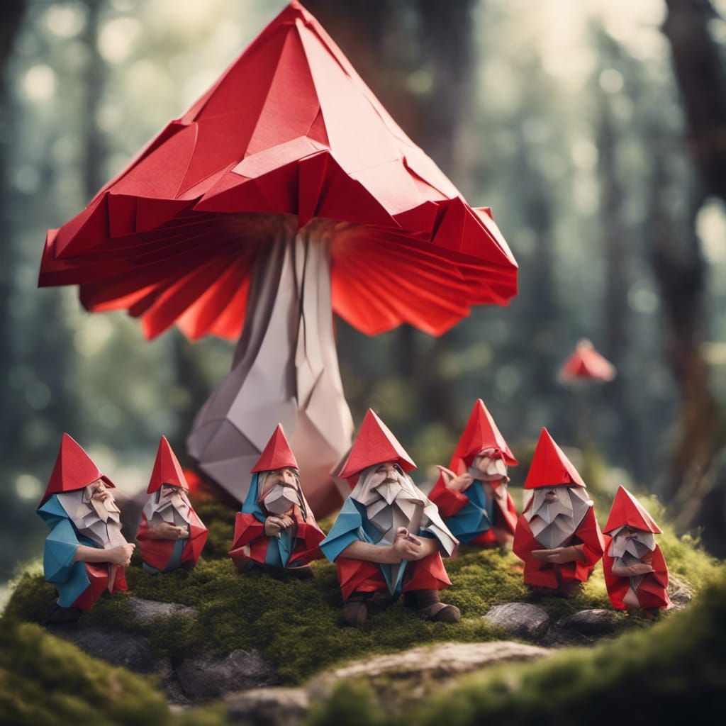 Origami Dwarfs Under Mushroom: Colorful Hyperrealistic Art
