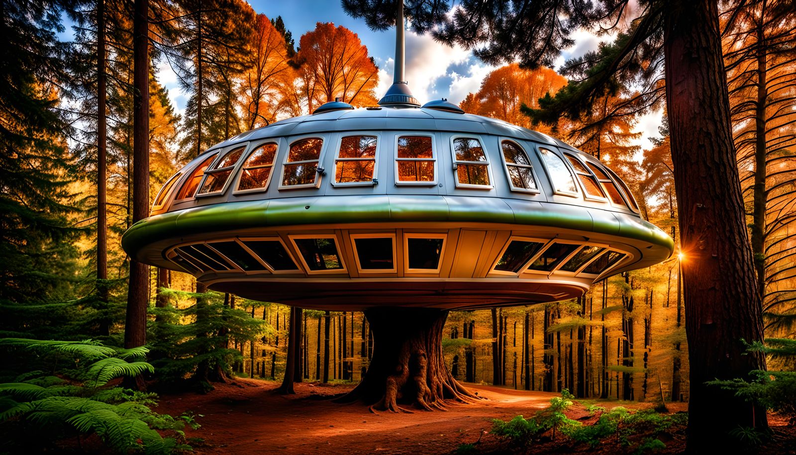 Hyperrealistic UFO Treehouse in Forest