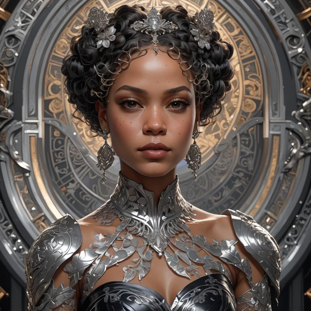 Queen in Silver and Black Dress: Hyperdetailed Portrait