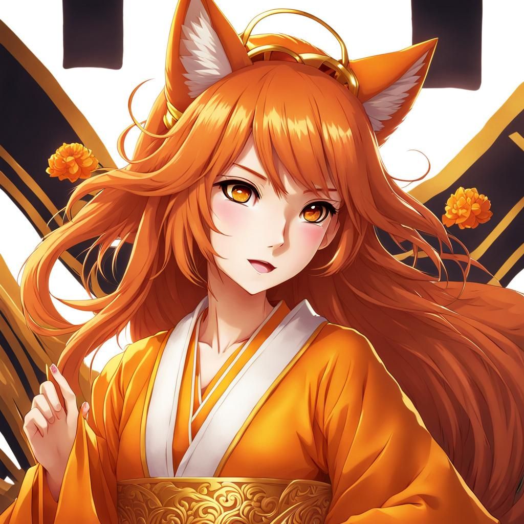 Anime Kitsune Girl in Orange Robes