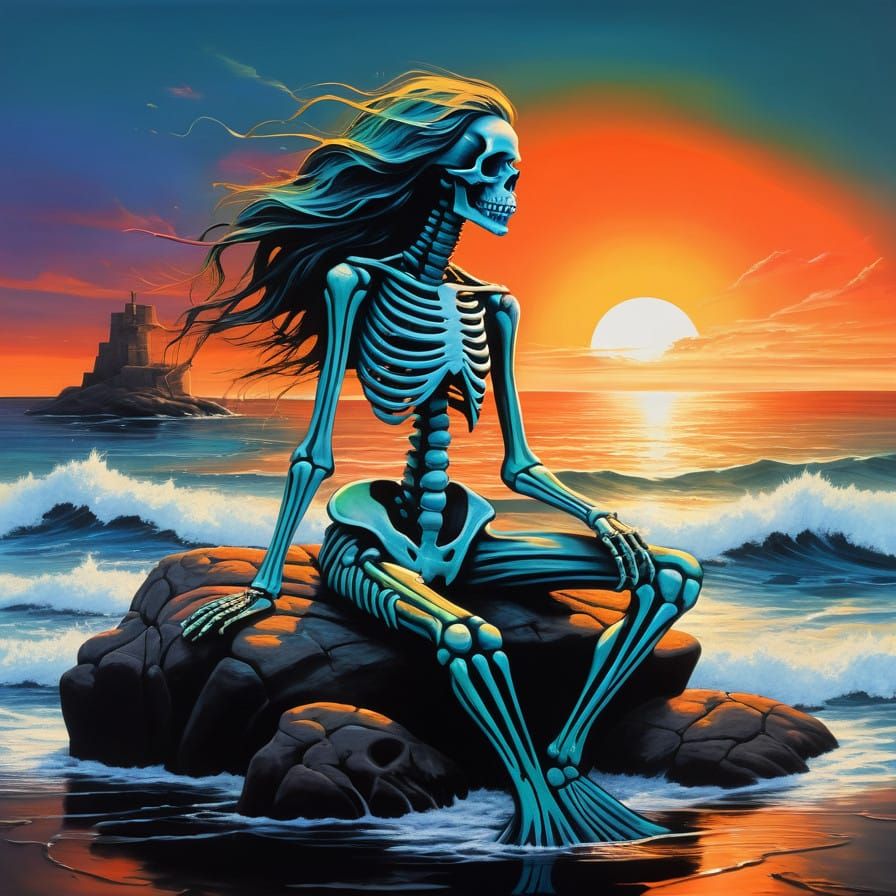 Surreal Rock Album Cover with Mermaid Skeleton in Sunset Glo...