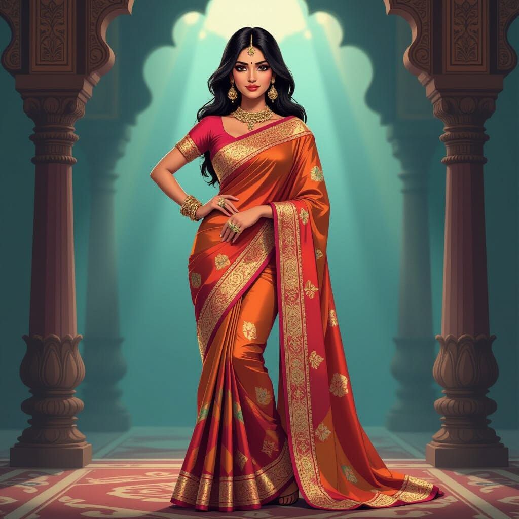 Elegant Woman in Saree: Manga-Inspired Cel-Shaded Art