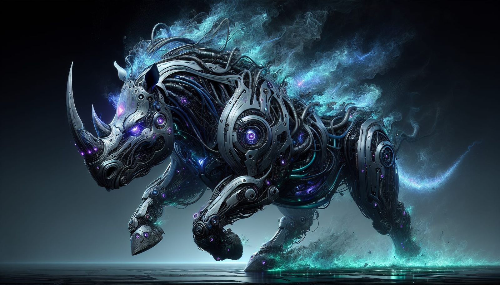 Dark Fantasy Cyborg Rhinoceros with Blue Fire