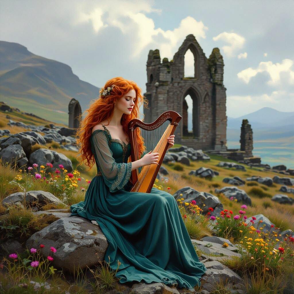 Scottish Harper Sings Amidst Abbey Ruins in Pre-Raphaelite S...