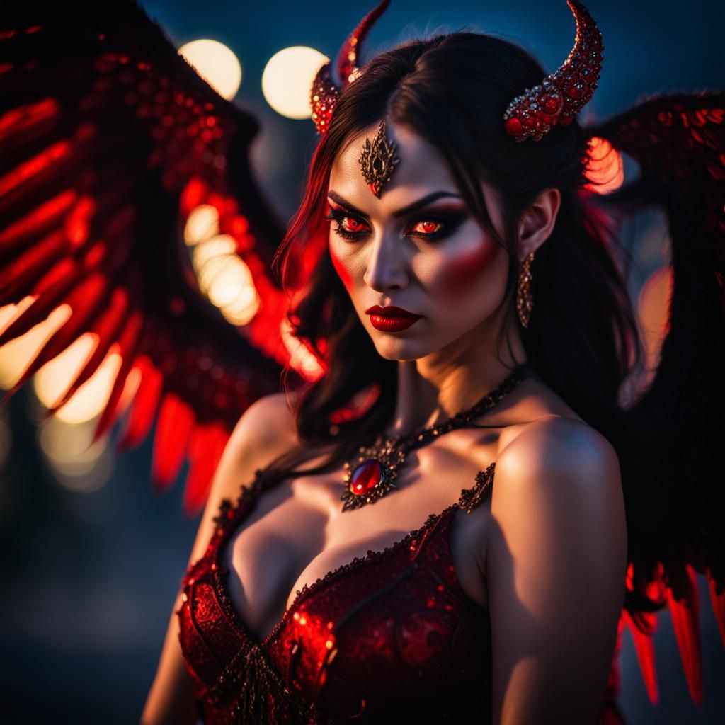 Seductive Demon Queen with Red Eyes in Moonlight