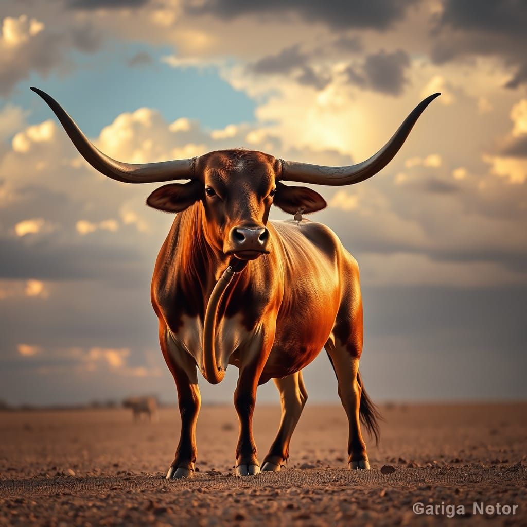 Muscular Longhorn Bull in Golden Hour Light