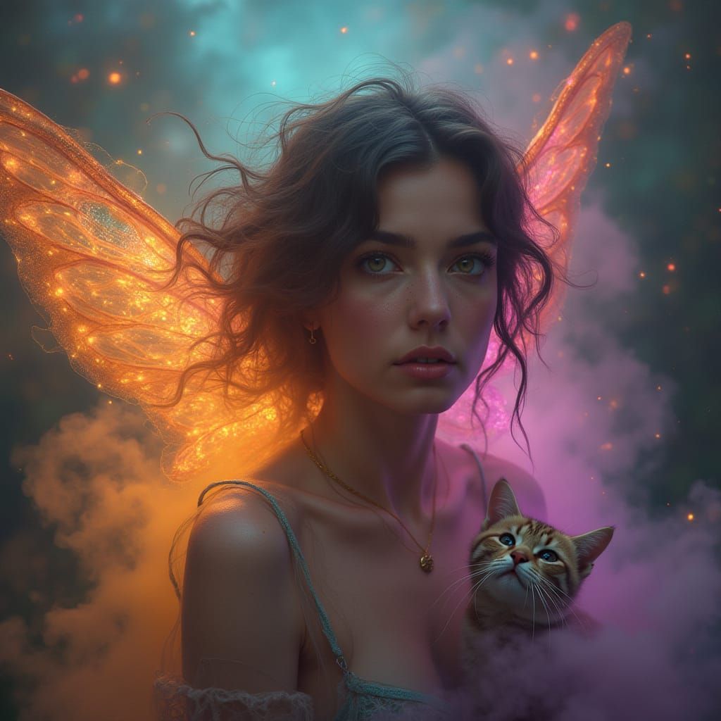 Cinematic Fairy Scene with Woman, Cat, and Smoke