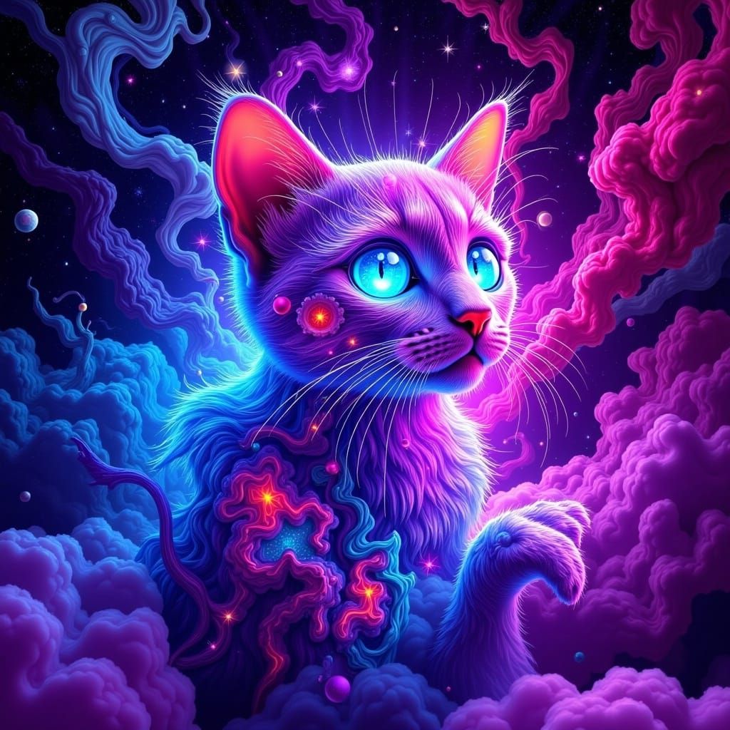 Psychedelic Cosmic Cat Floating in a Galaxy