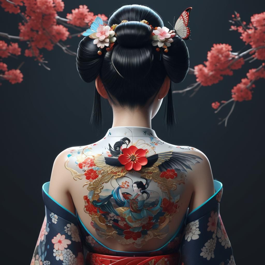 Geisha with Ornate Fairy Tattoo in Anime Style