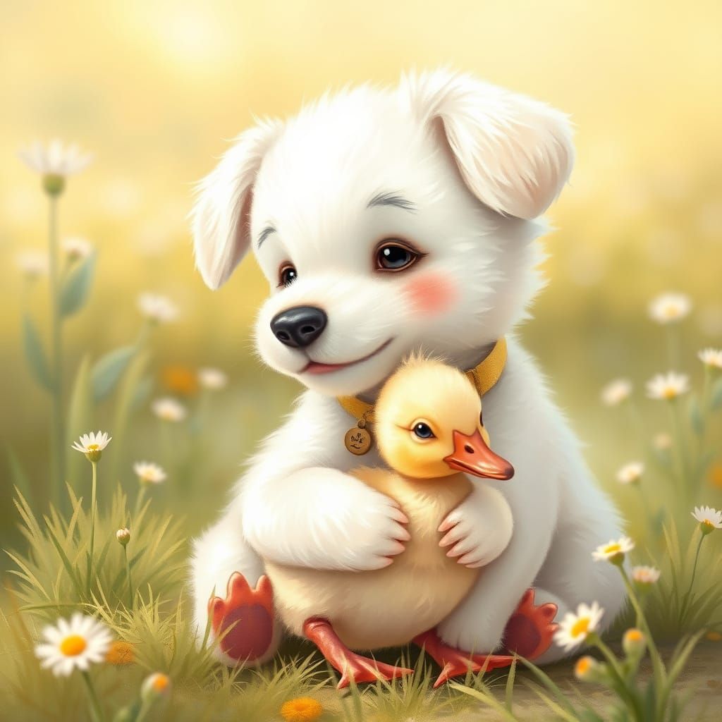 Whimsical Meadow Hug: Fluffy Dog and Duckling