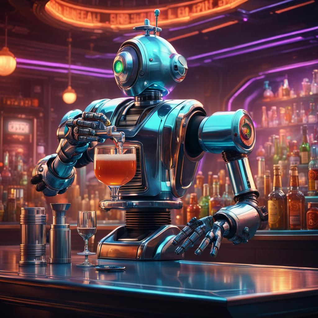 Chrome Robot Bartender in 1980s Sci-Fi Art Deco