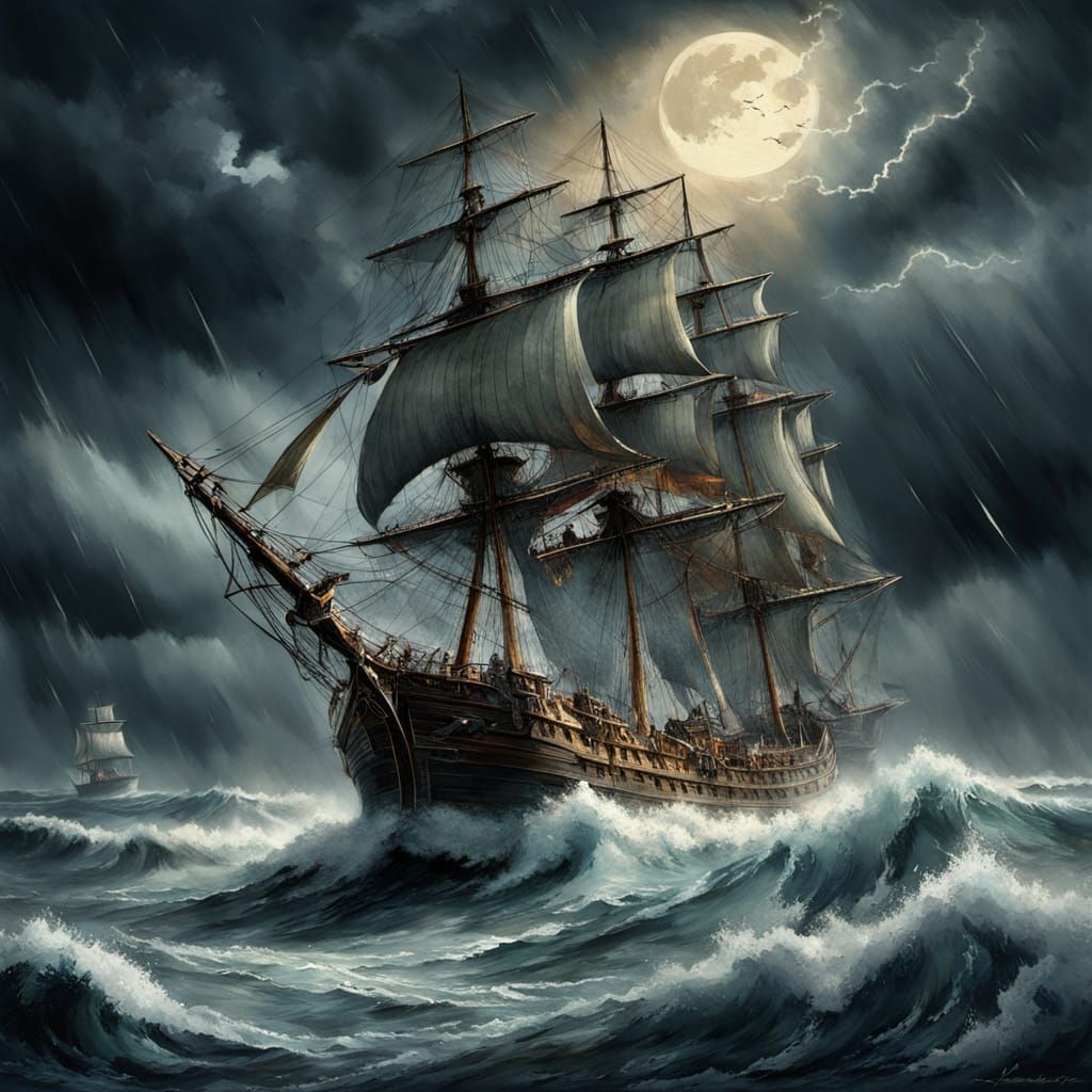 Pirate Galleon Rides Stormy Seas in Watercolour