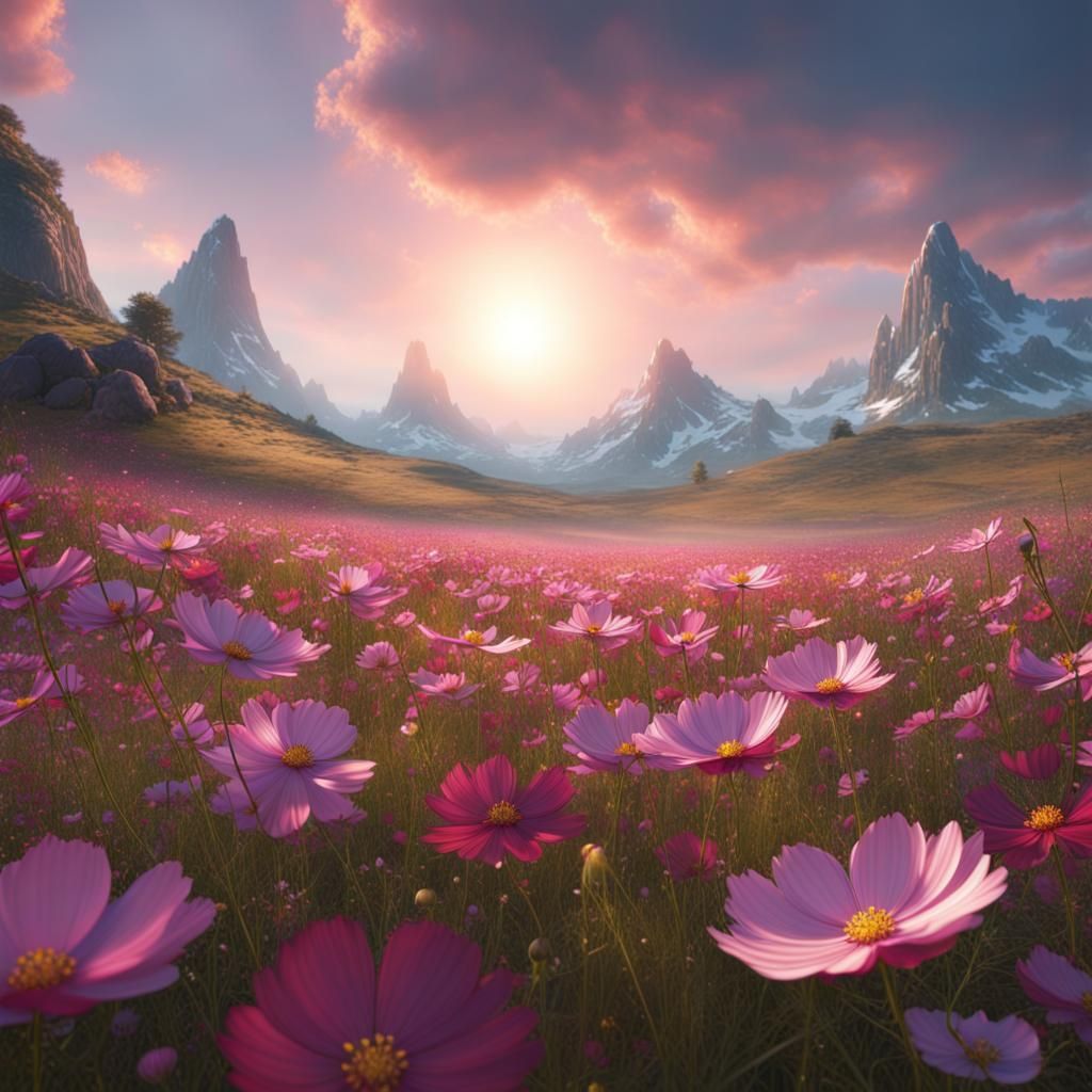 Vibrant Cosmos Flower Field in Detailed Matte Painting