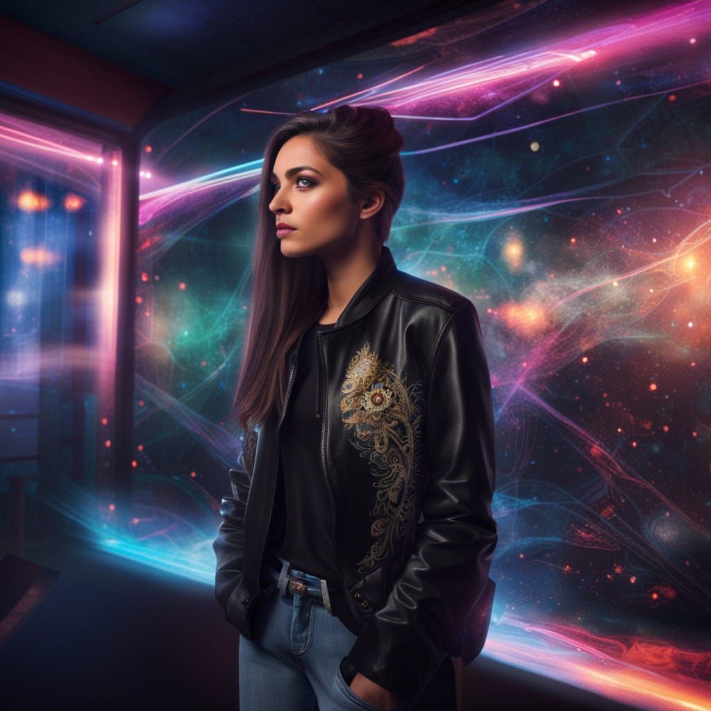 Attractive Woman in Cozy Bookstore: Cosmic Illustration