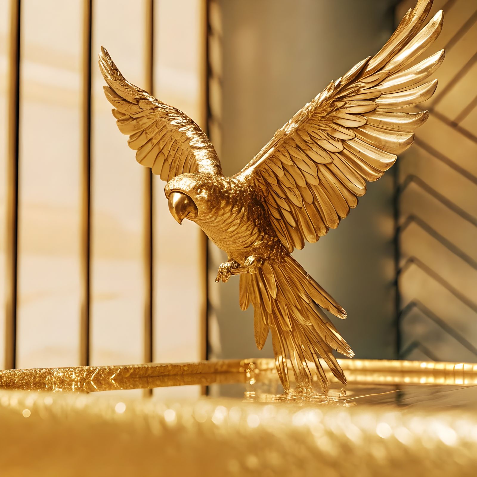 Chrome Macaw Sculpture in Flight: Abstract Digital Art