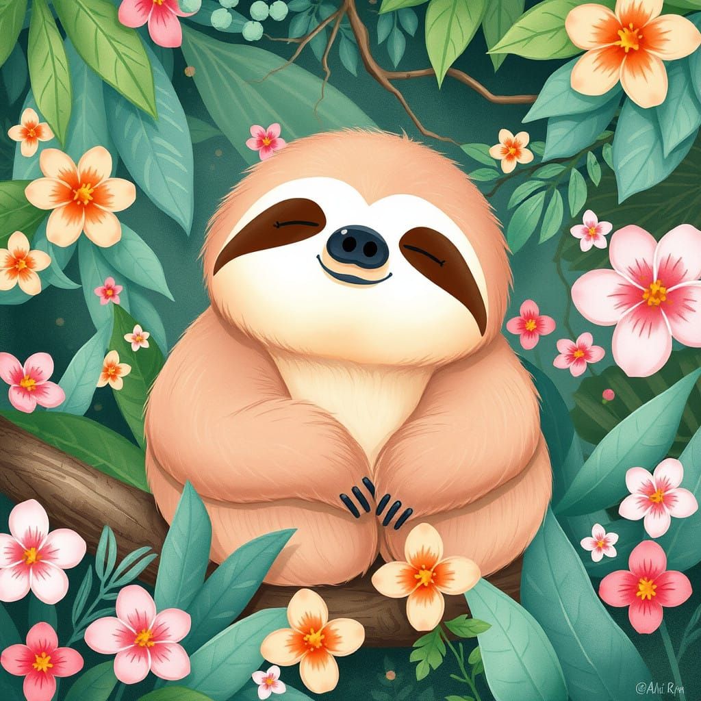 Whimsical Pastel Sloth in Lush Rainforest Scene