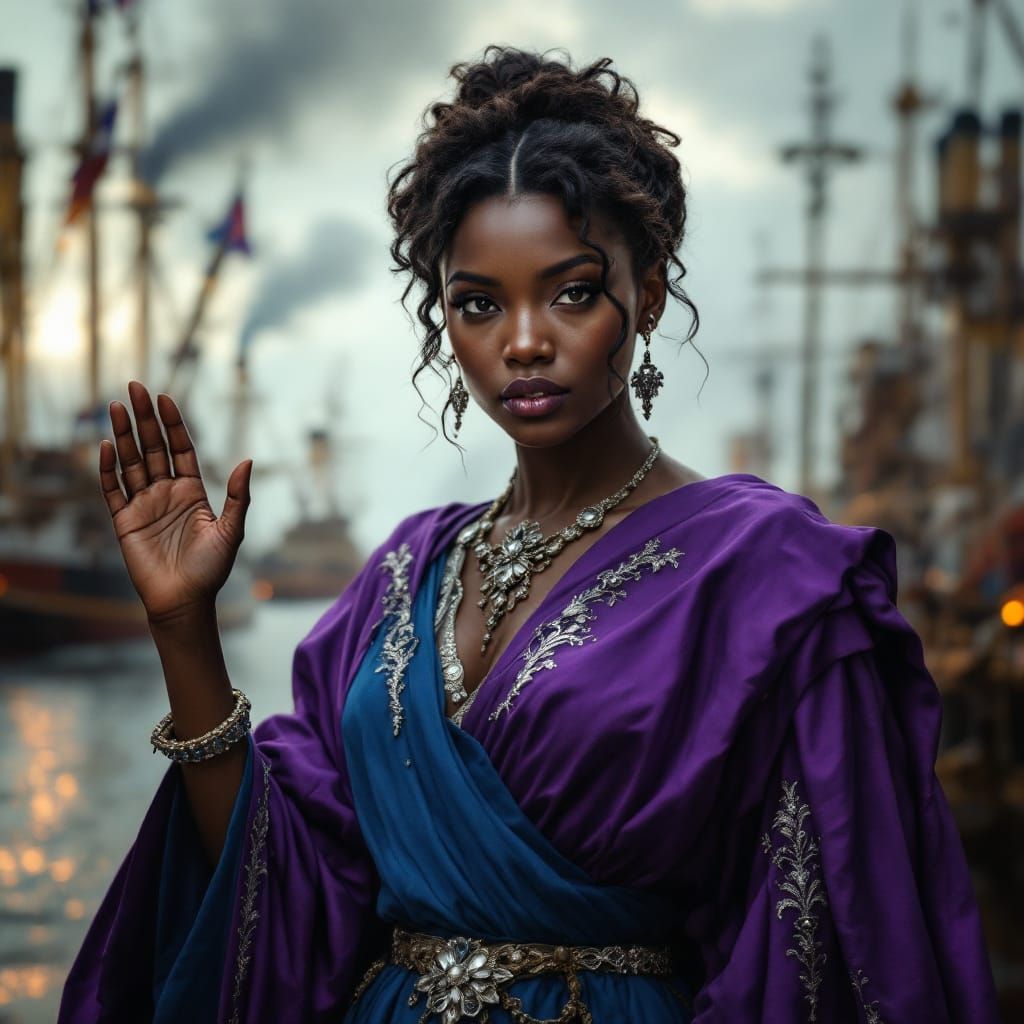 Victorious Woman in Port City, Photorealistic Image