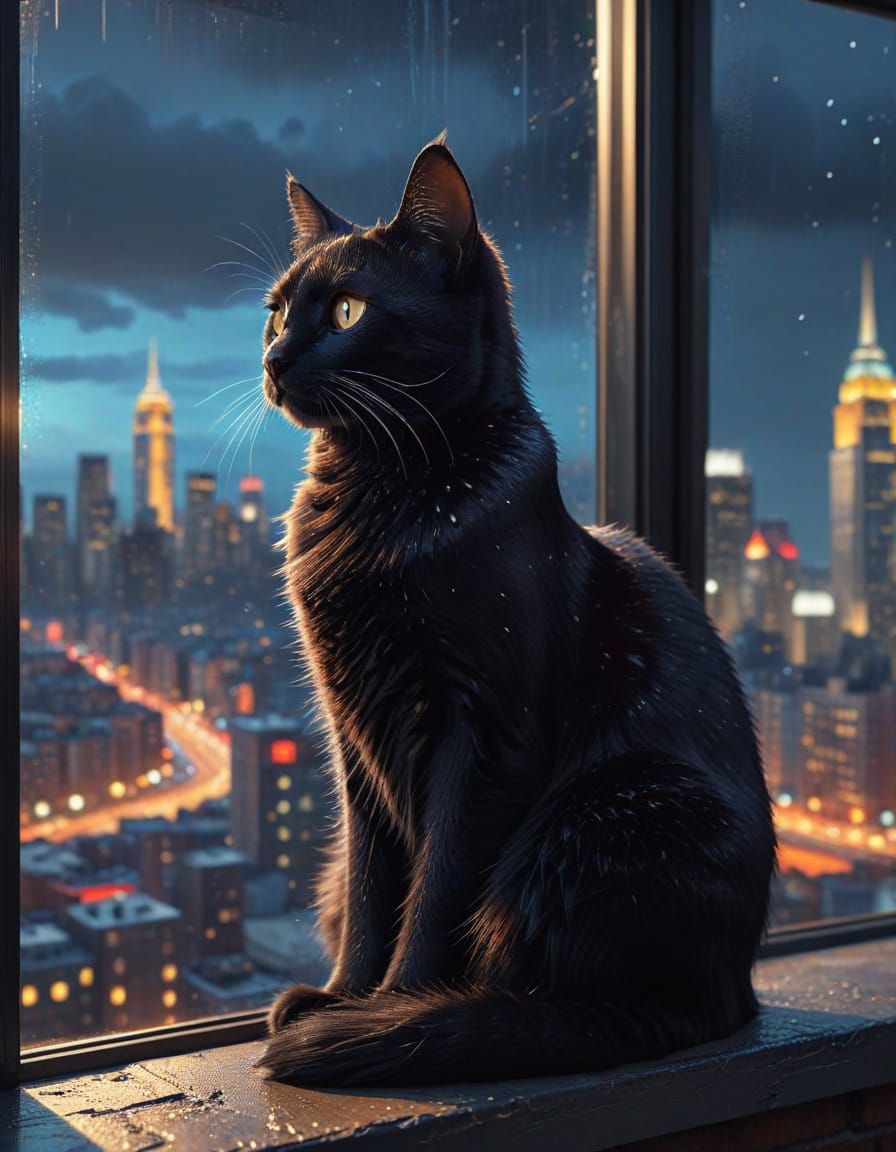 Black Cat on Windowsill at Night, Digital Art