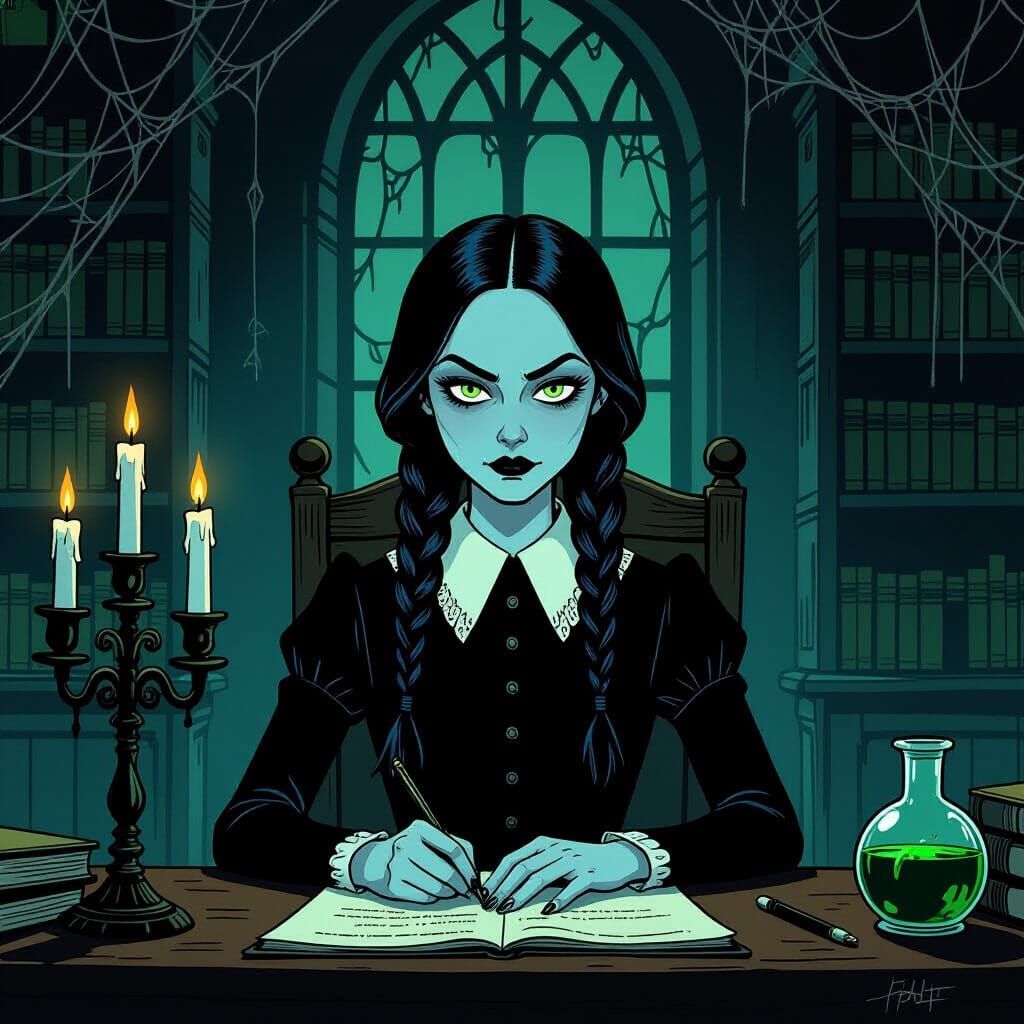 Gothic Wednesday Addams in Moody Study