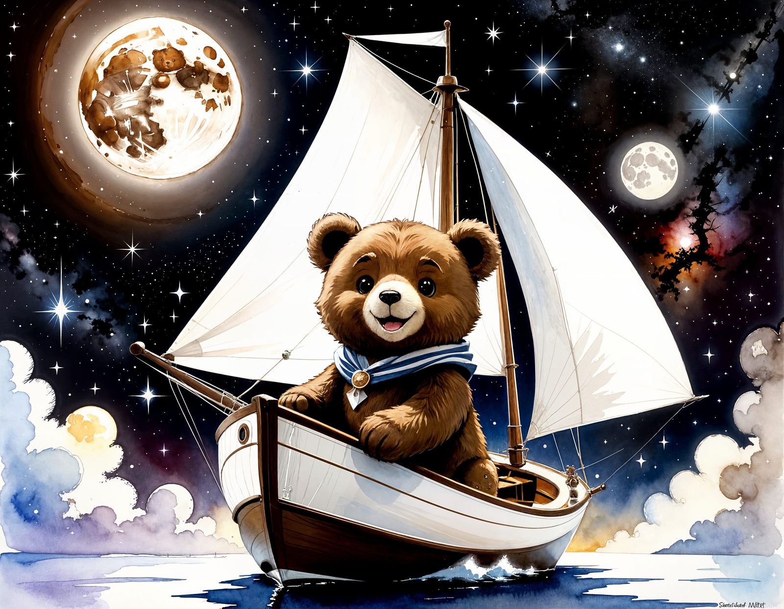 Teddy Bear's Cosmic Voyage: Watercolor and Ink