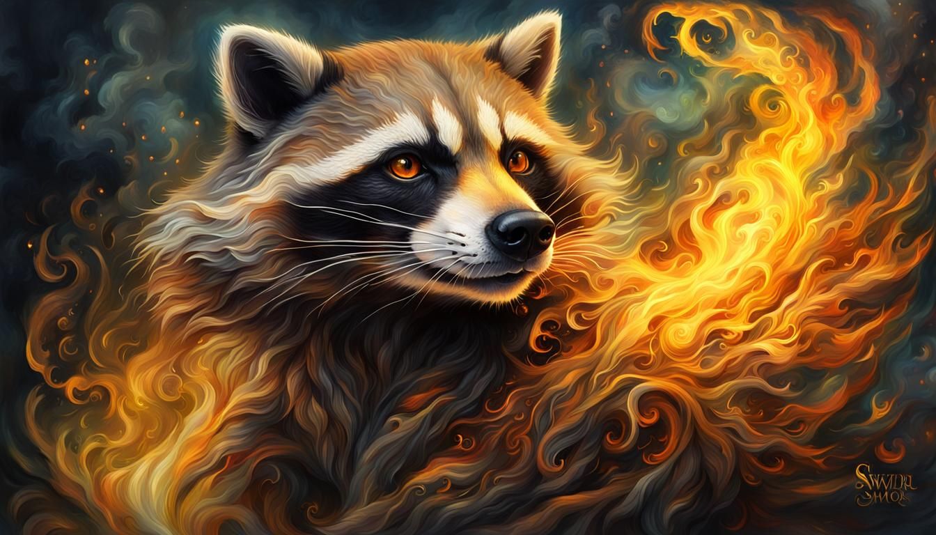 Fantasy Fire Raccoon Portrait in Matte Painting Style