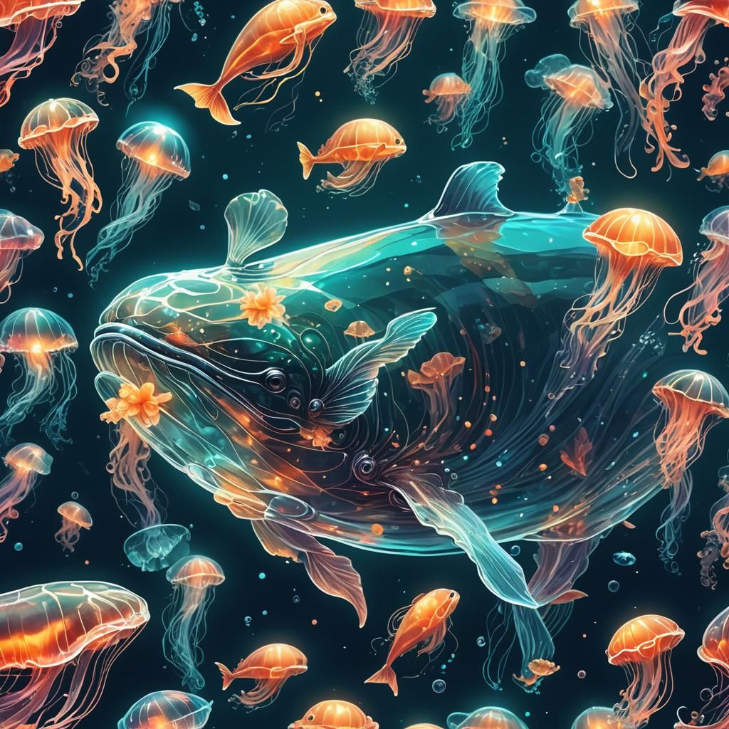 Glowing Glass Whale in Bioluminescent Ocean