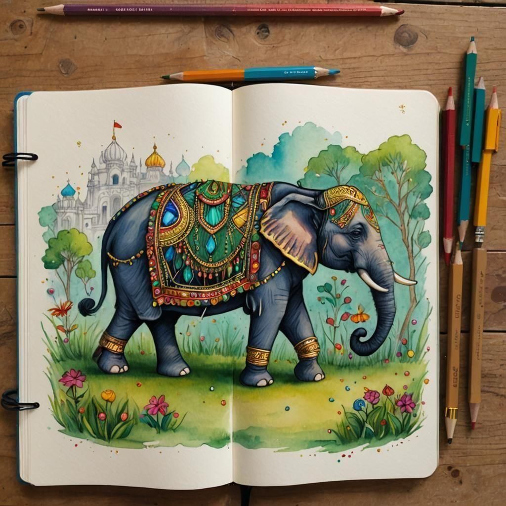 Jewel-Toned Elephant in India: Color Pencil Sketchbook Art