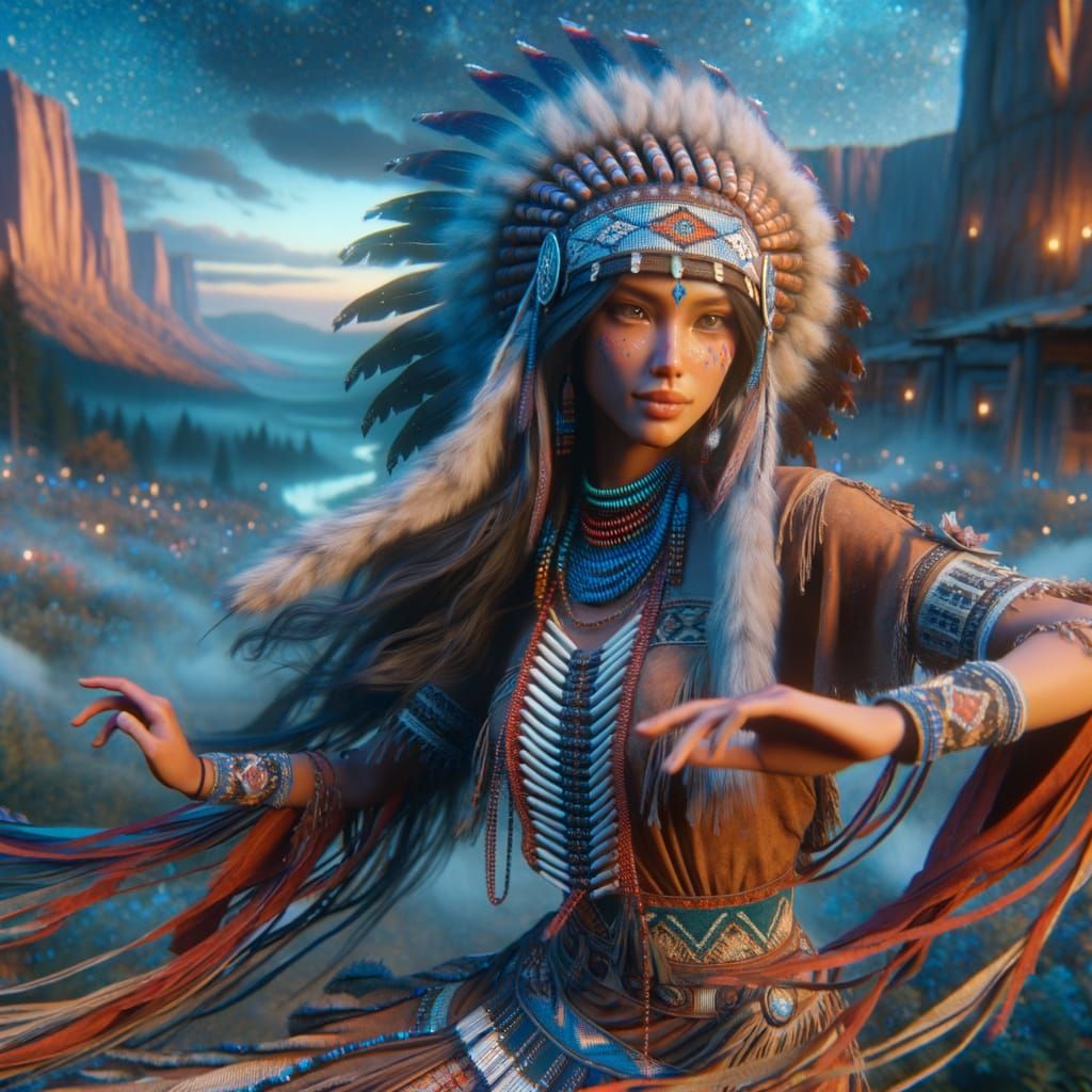 Young Native Historic American Indian woman dancing in tradi...