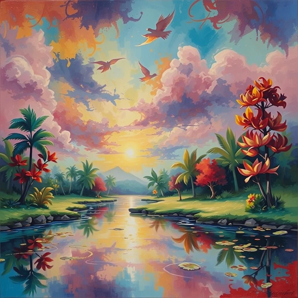 Tropical Paradise Inspired by Post-Impressionism