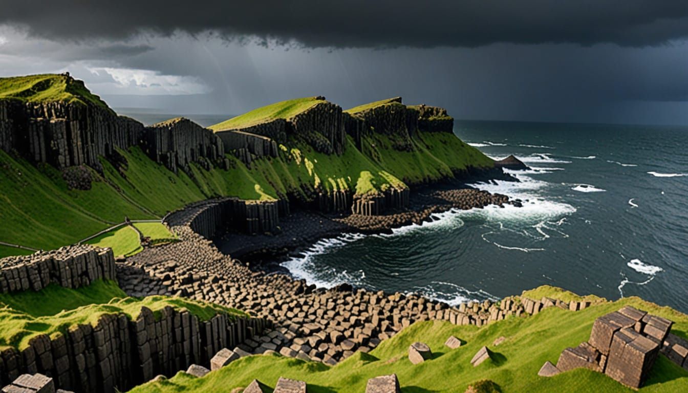 Northern Ireland's Giant's Causeway Panorama in Stormy Weath...