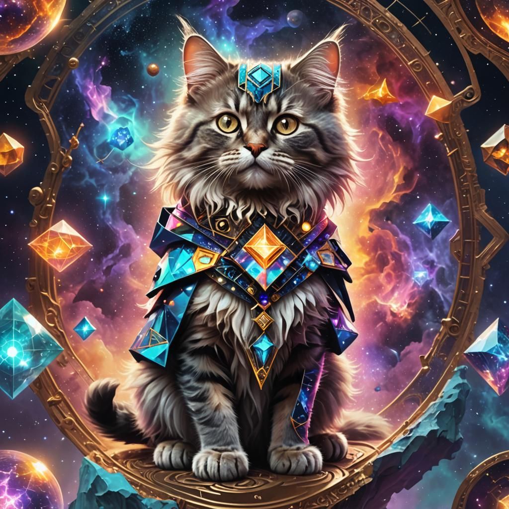 Ornate Wizard Kitten with Geometric Aura and Nebula