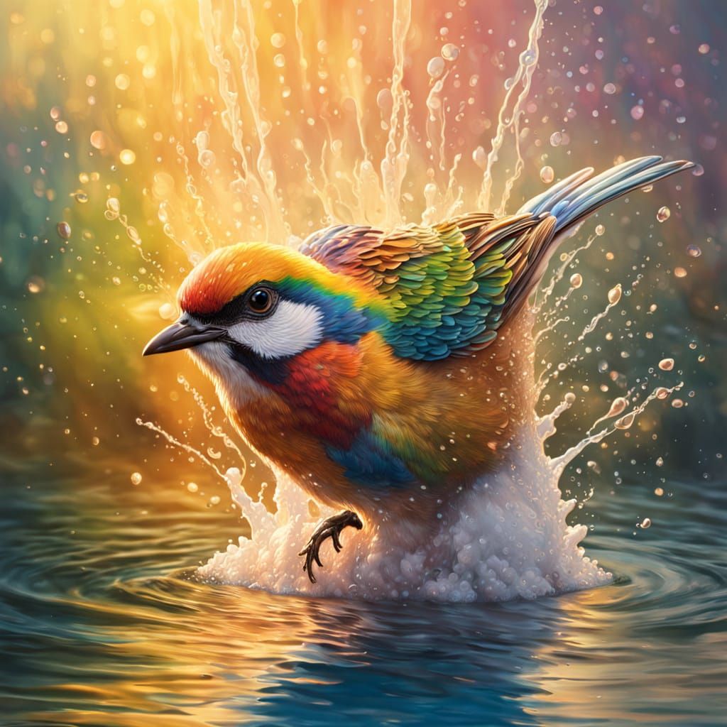 Vibrant Bird Bath in Hyperrealistic Splash Art