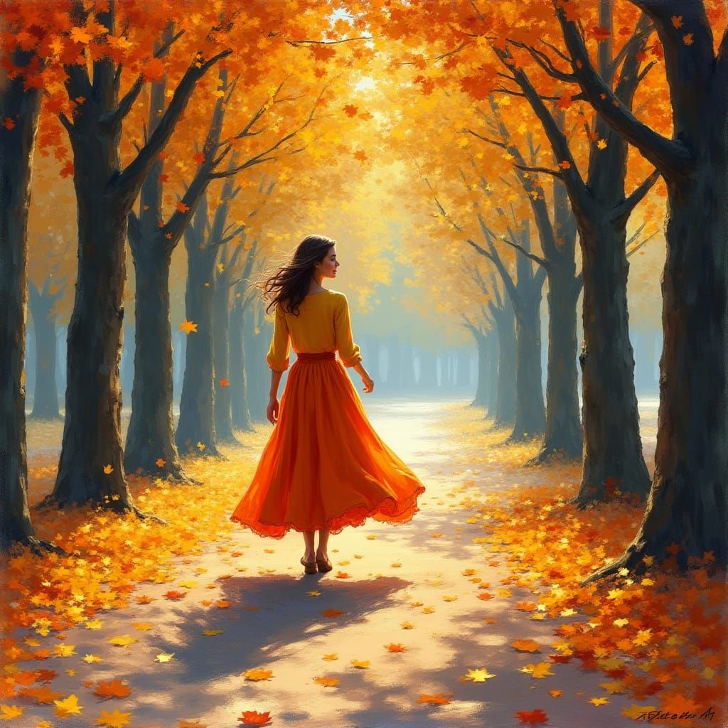 Autumn Serenity: Woman in Fall Colors Walk