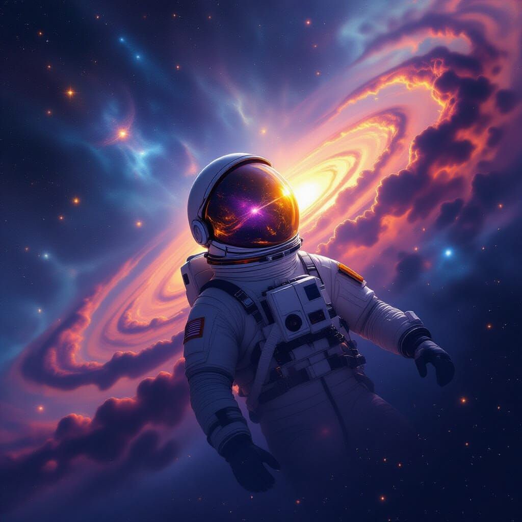 Astronaut Adrift in Cosmic Nebula Reflecting Alien Galaxy
