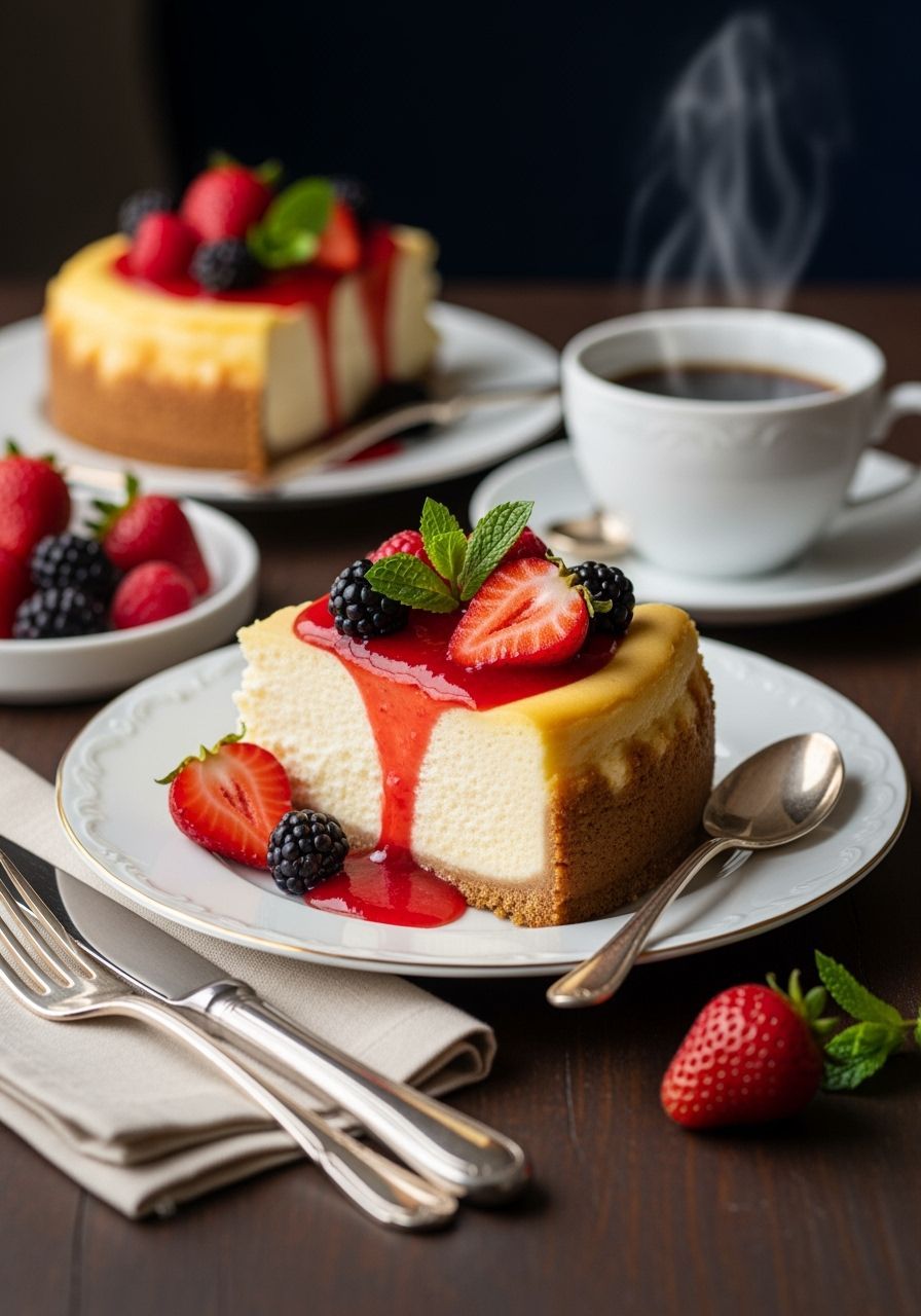 Hyper-Realistic Cheesecake with Strawberry Coulis